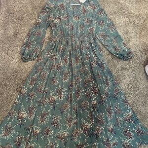 Hayden Teal Floral Long Sleeve Pleated Midi Dress